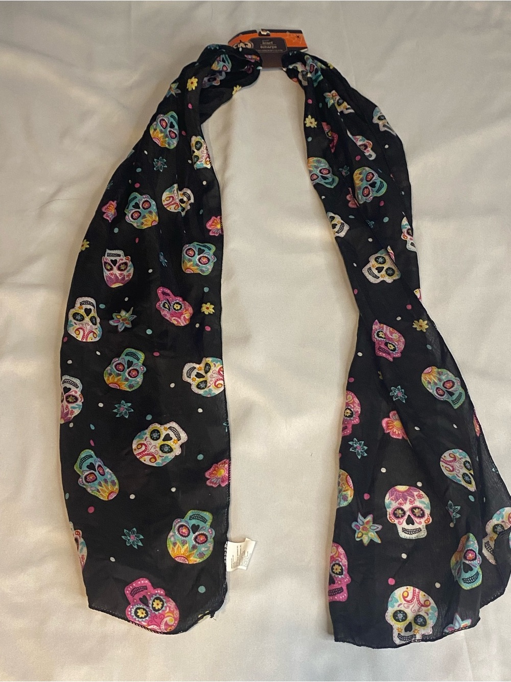 Kids Black Scarf with Colorful Sugar Skull Print